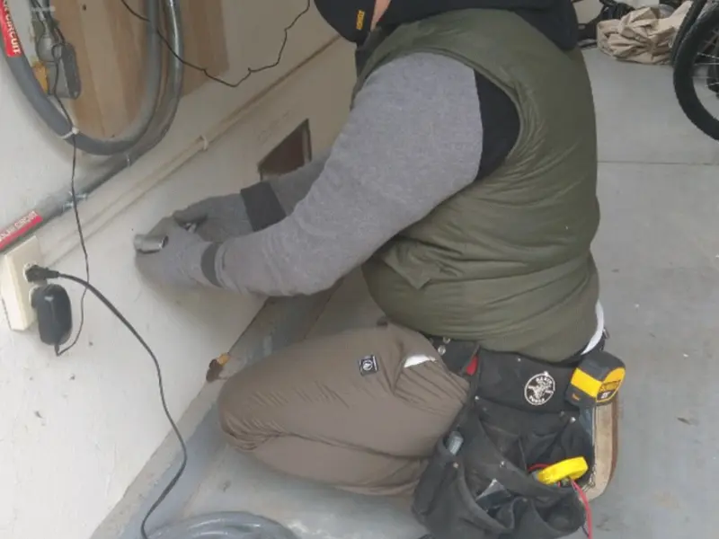 Electrician performing outlet wiring in a Waxahachie garage